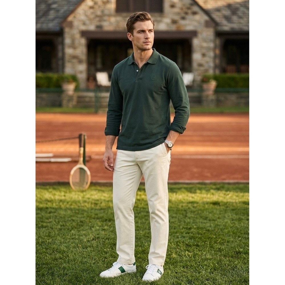 Sergio Tacchini Mens Long Sleeve Polo Shirt Green Styled in Italy Size L